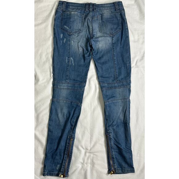 Balmain Paris Moto Skinny Jeans Womens Size 40 Blue Distressed Zip Details - Picture 2 of 15